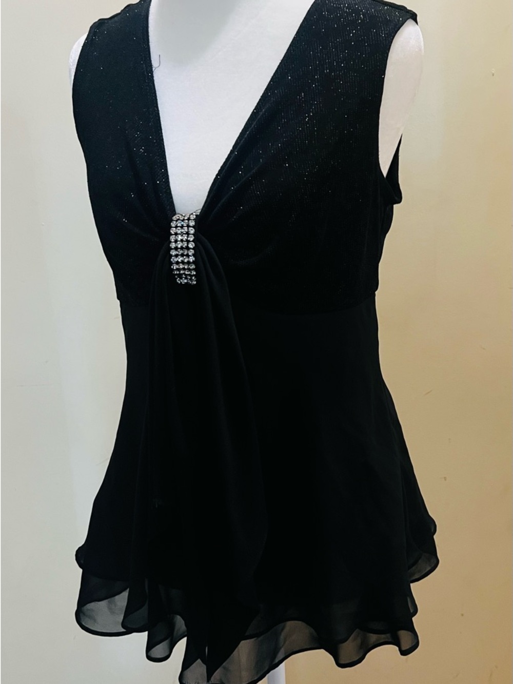 R&M Richards Black Sleeveless V-Neck Camisole with Rhinestone Accent